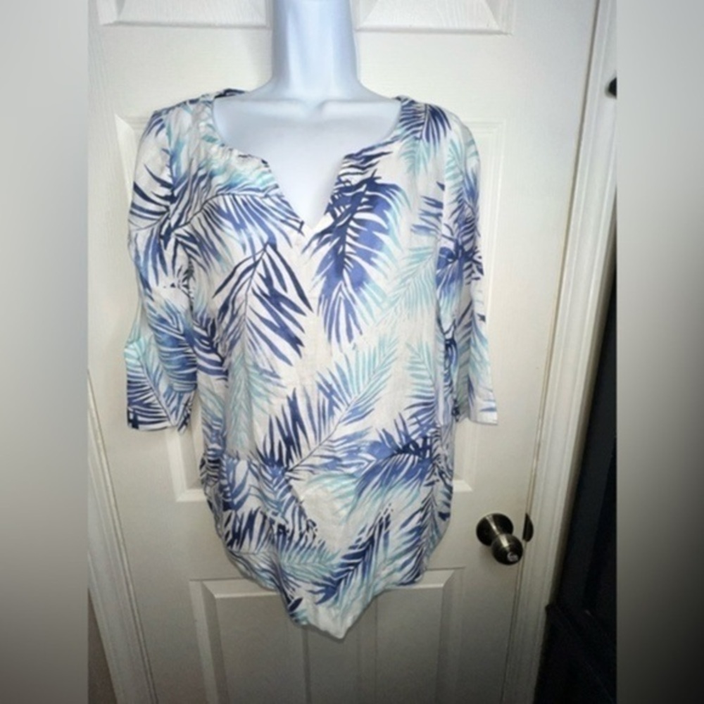 J. Jill Petites Small 100% Linen Blue Leaf Print 3/4 Sleeve Tunic Top Travel SP